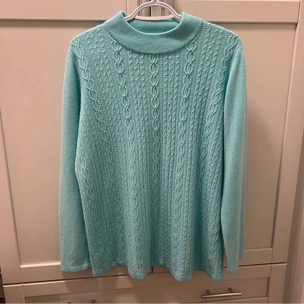 Vintage ALIA Cableknit Cottagecore Mint Green with Pearls Sweater Womens Size XL